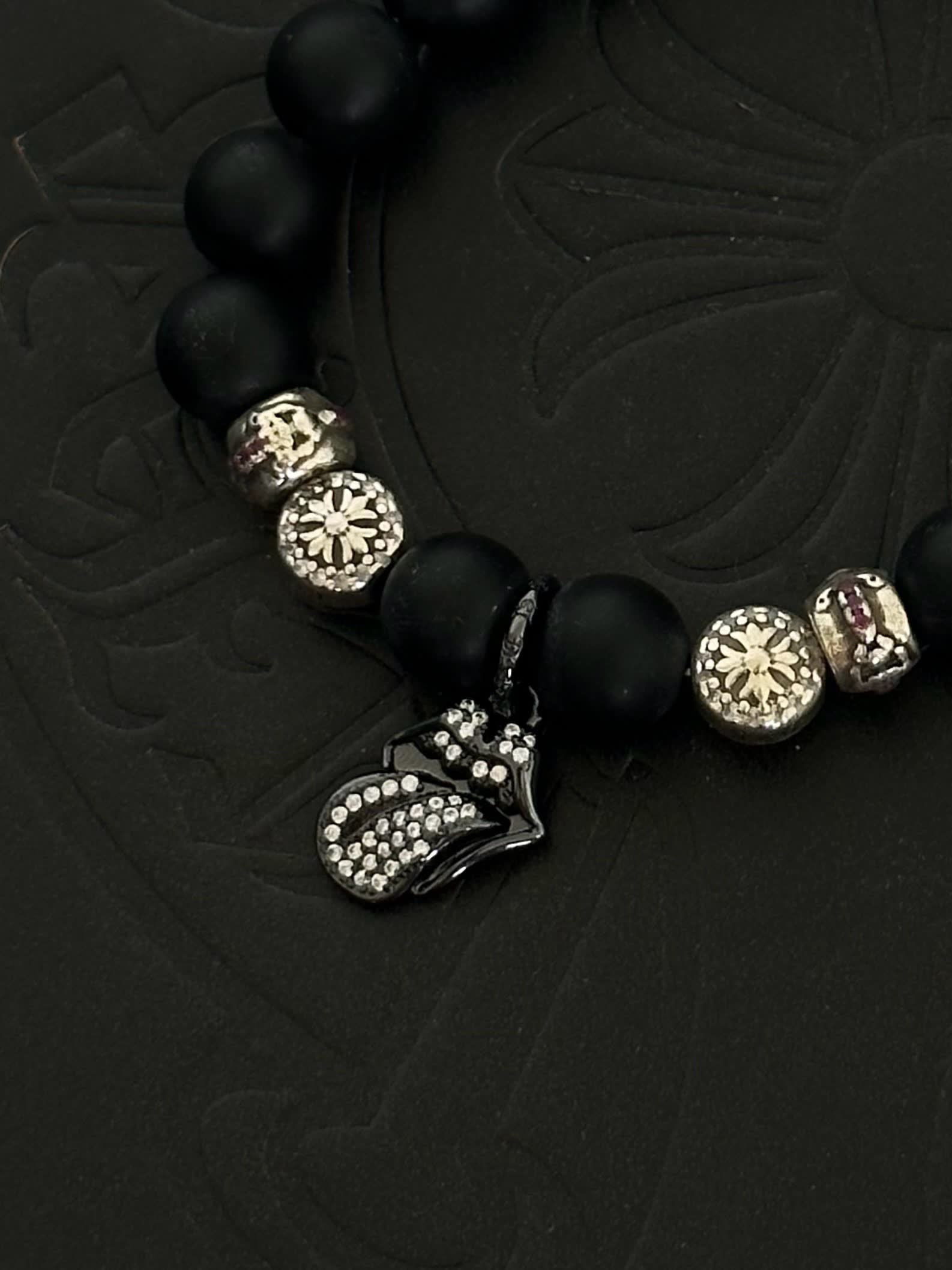 Chrome Hearts Black Beaded Bracelet with Silver Charms